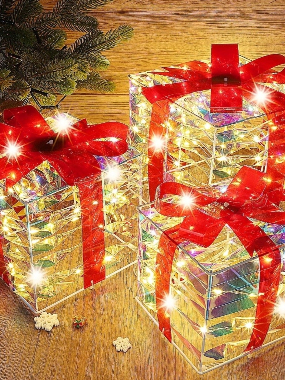Holiday Lighted Irridescent Gift Box Decorations with Red Bow. 3 Piece Set. NWT.